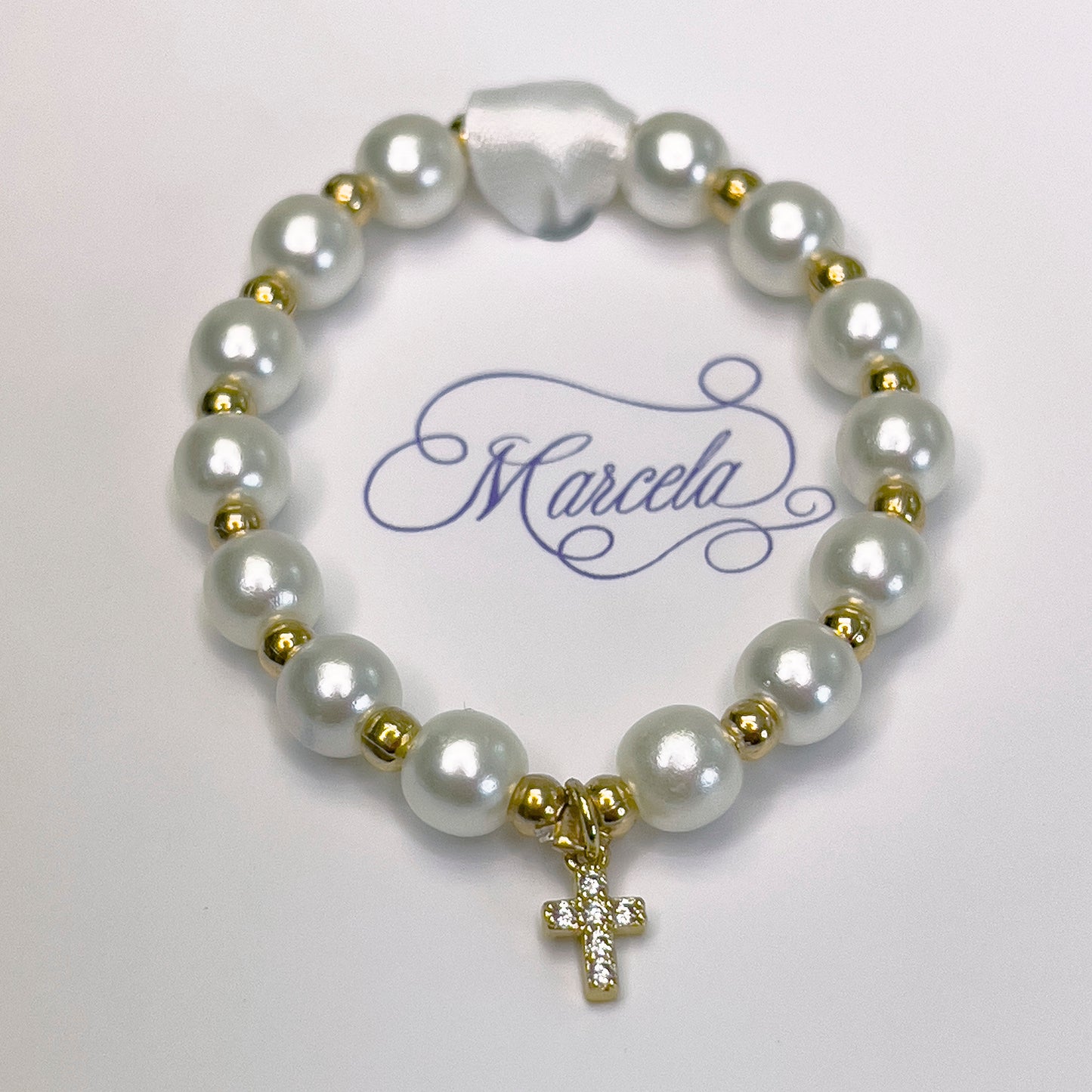 White Pearl Christening Bracelet: Jeweled Cross Baptism Gift