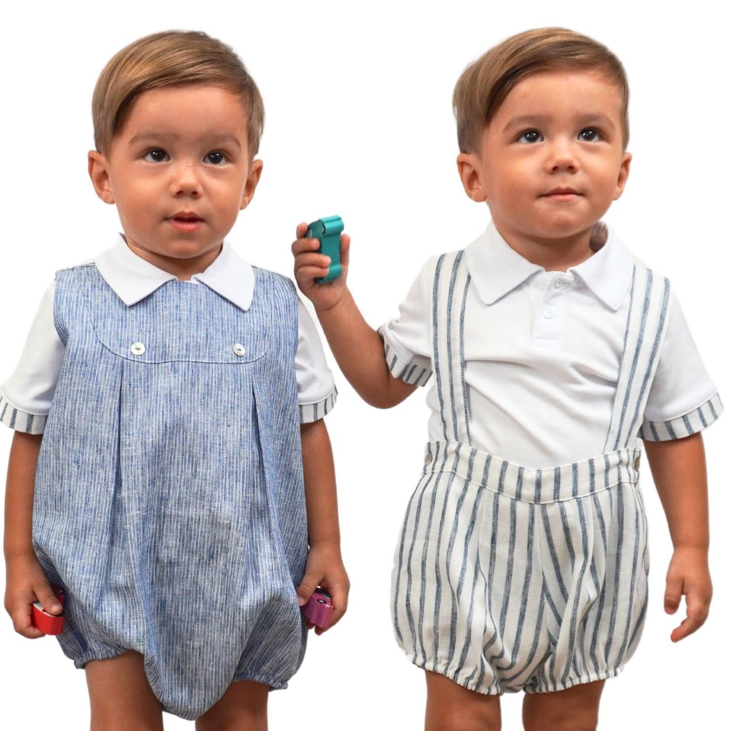 Boy Striped Linen Romper Shorts with Polo