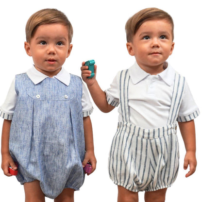 Boy Striped Linen Romper Shorts with Polo