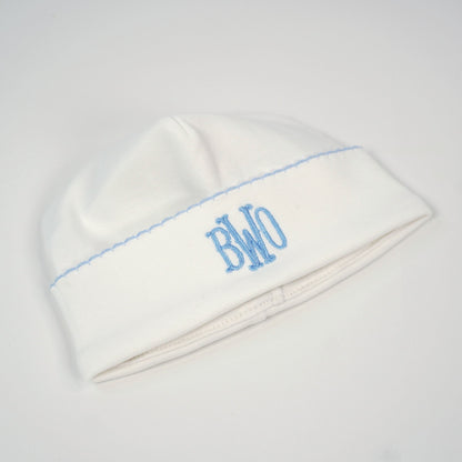 Monogrammed Baby Beanie – 100% Pima Cotton Newborn Hat | Personalized Infant Beanie with Color Stitching Trim