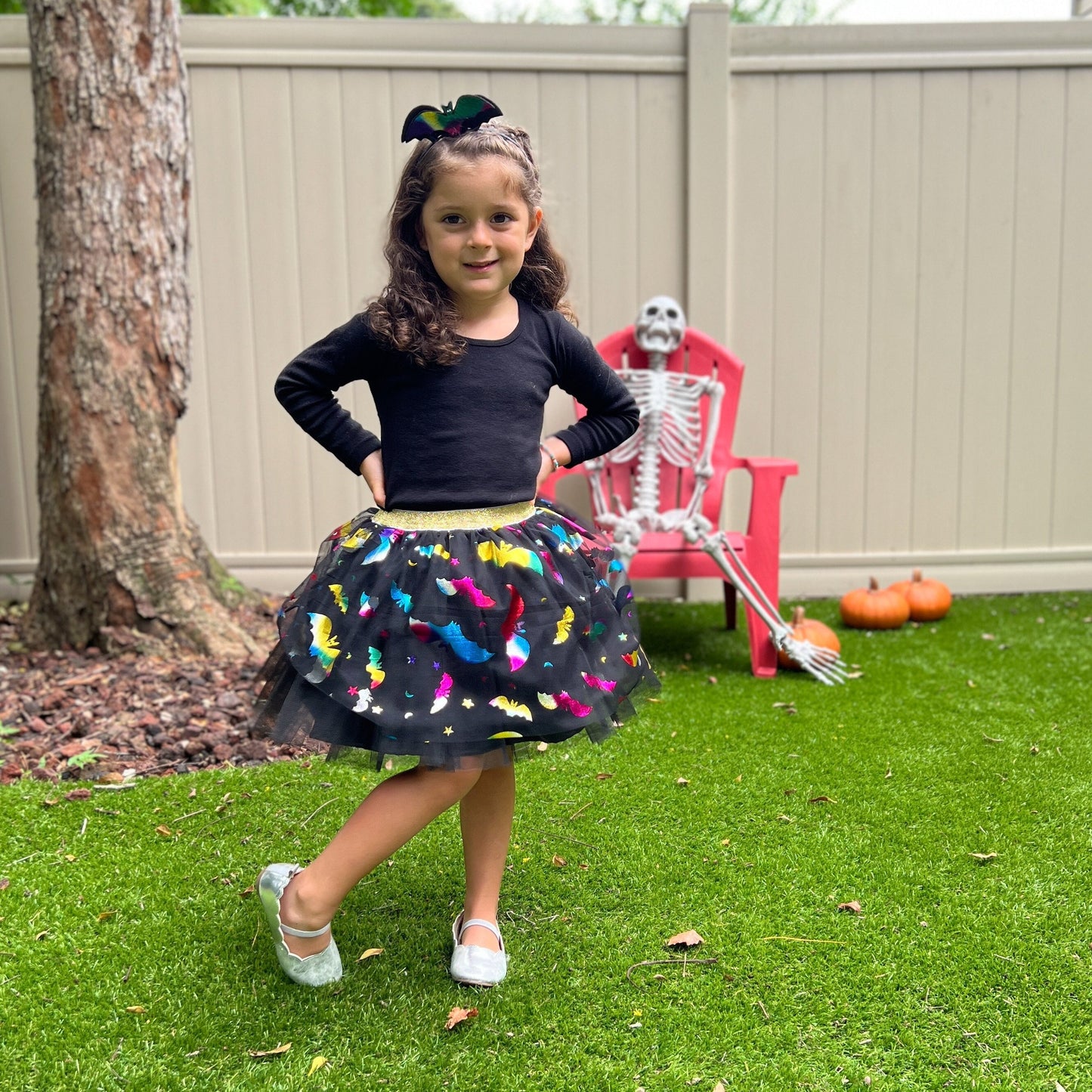 Kids Halloween Tutu: Black Skirt with Multicolor Bats (2T-5Y)