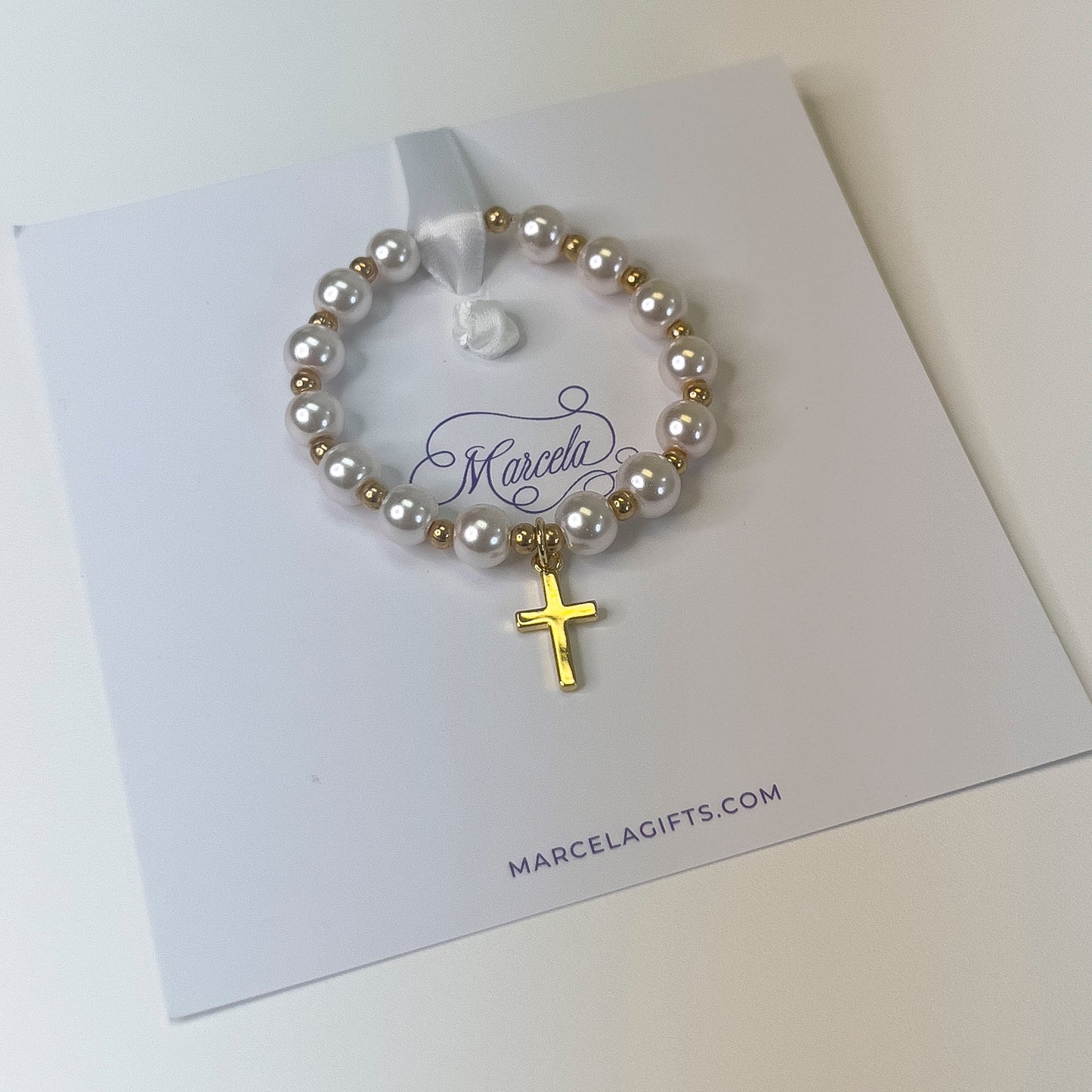 Gold Brass Cross Pearl Christening Bracelet // Baptism bracelet
