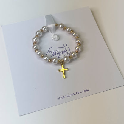 Gold Brass Cross Pearl Christening Bracelet // Baptism bracelet