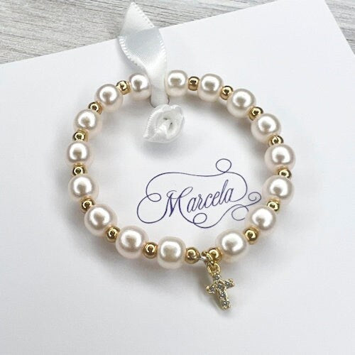 Peach Pearl Bracelet Jeweled Cross // Baptism bracelets, christening bracelets