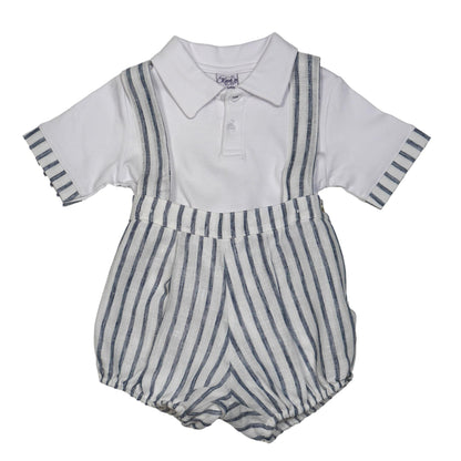 Boy Striped Linen Romper Shorts with Polo