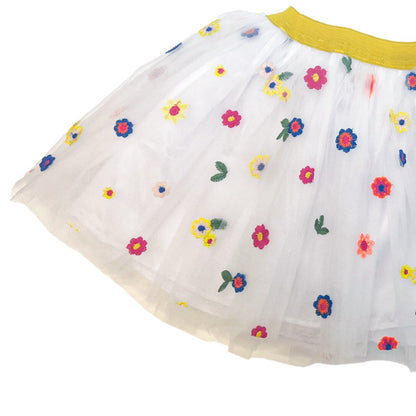 White Tutu with Multicolor Embroidered Flowers - Handmade Tulle Skirt