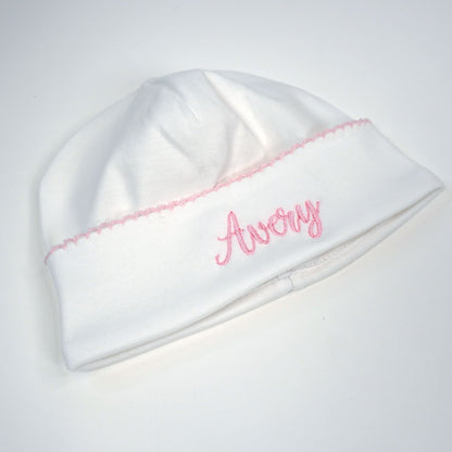 Monogrammed Baby Beanie – 100% Pima Cotton Newborn Hat | Personalized Infant Beanie with Color Stitching Trim