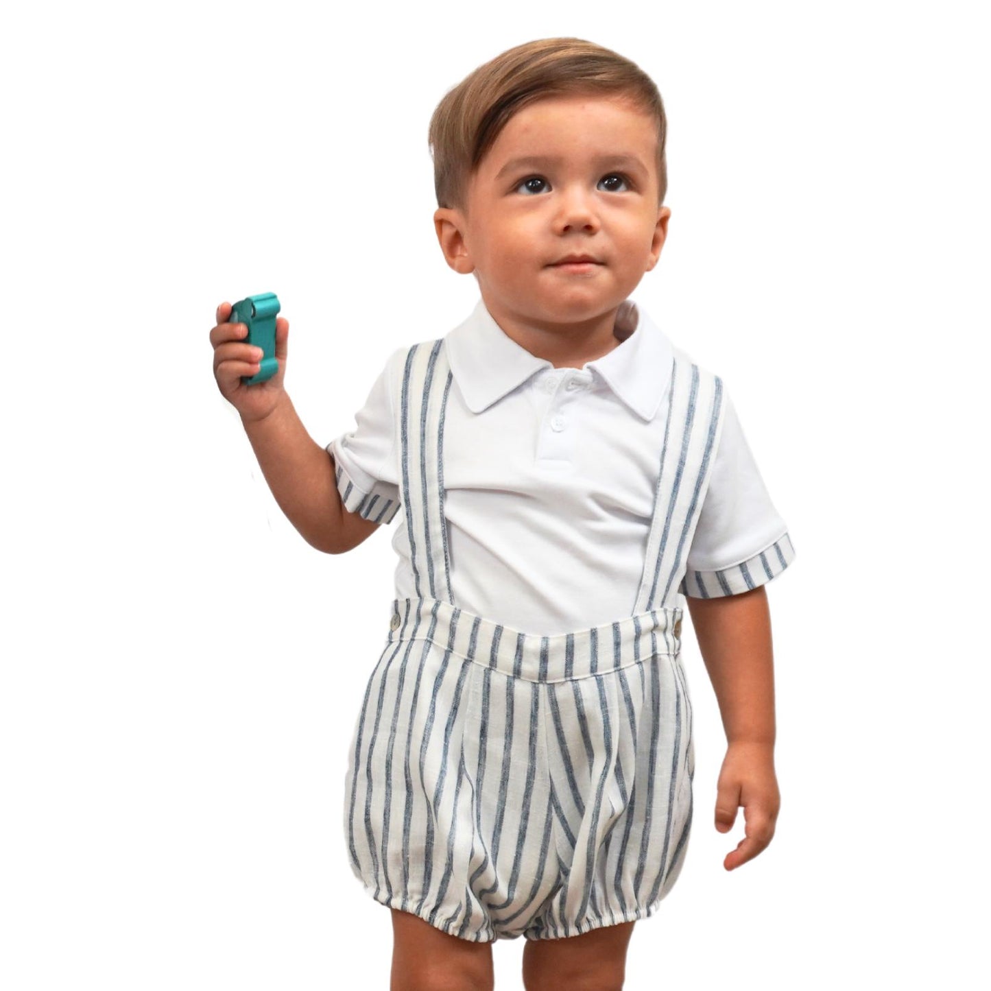 Boy Striped Linen Romper Shorts with Polo