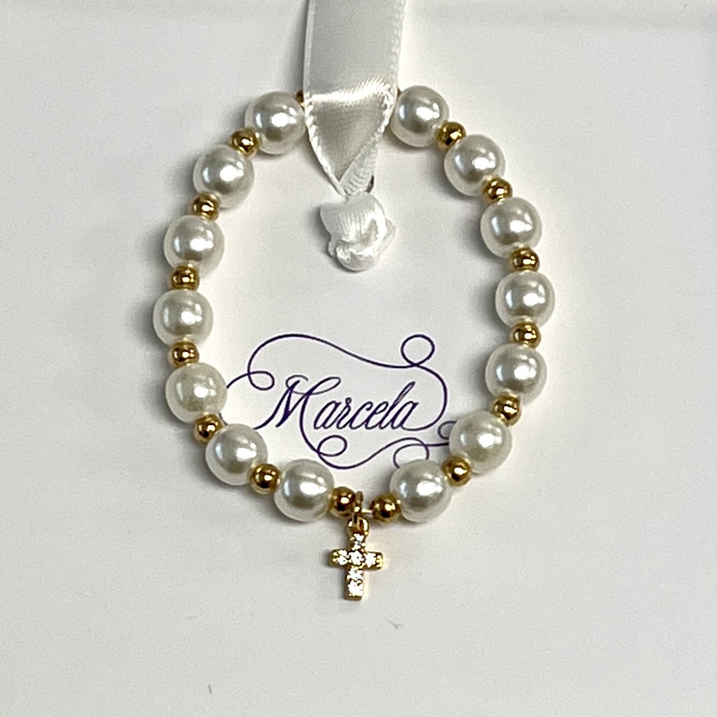White Pearl Christening Bracelet: Jeweled Cross Baptism Gift