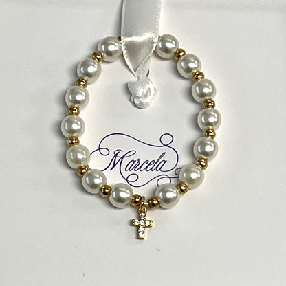 White Pearl Christening Bracelet: Jeweled Cross Baptism Gift