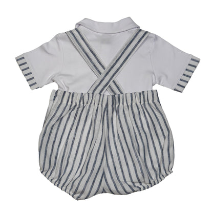 Boy Striped Linen Romper Shorts with Polo