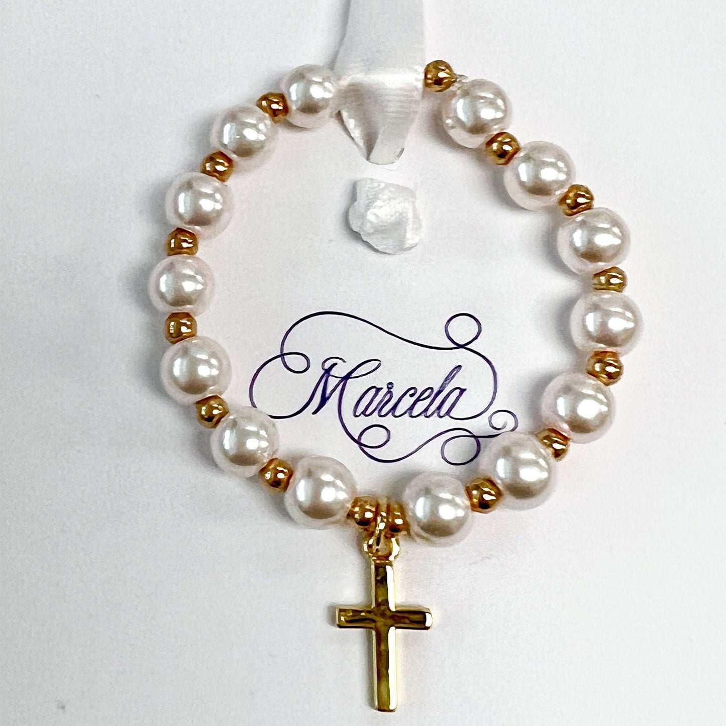 Gold Brass Cross Pearl Christening Bracelet // Baptism bracelet