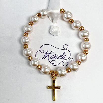 Gold Brass Cross Pearl Christening Bracelet // Baptism bracelet