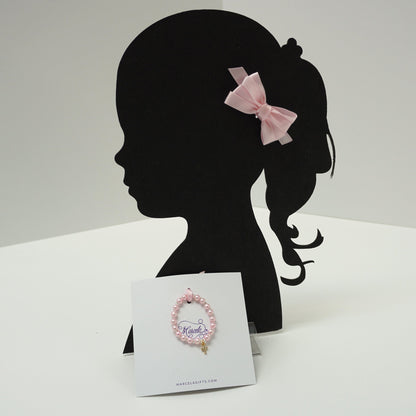 Pink Satin Bow & Pearl Bracelet Set with Jeweled Cross / Christening Bracelet