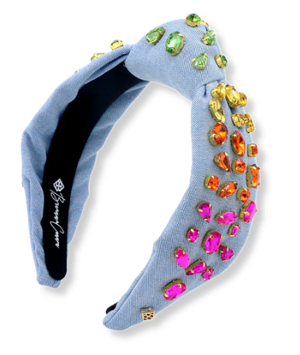 Adult Size Denim Headband with Rainbow Gradient Hand-Sewn Crystals