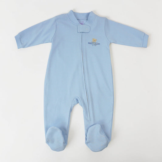Baby Blue Pima Cotton Footie with Embroidered Bear