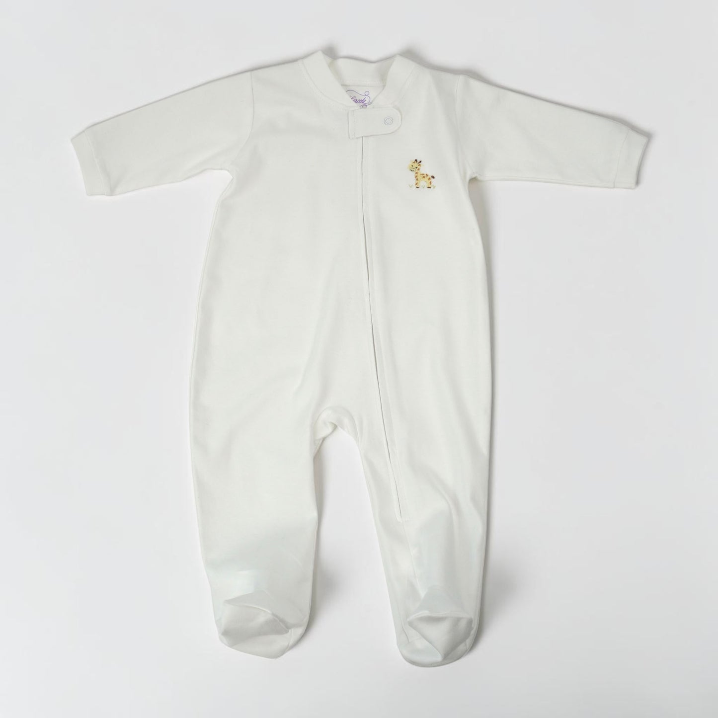 Baby White Pima Cotton Footie with Embroidered Giraffe