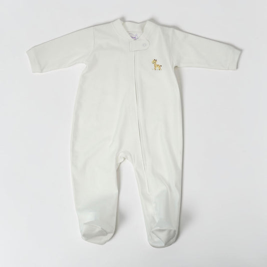 Baby White Pima Cotton Footie with Embroidered Giraffe
