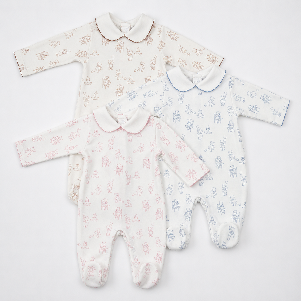 Teddy Bear Pima Cotton Baby Footie with Scalloped Collar