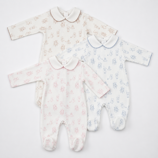 Teddy Bear Pima Cotton Baby Footie with Scalloped Collar