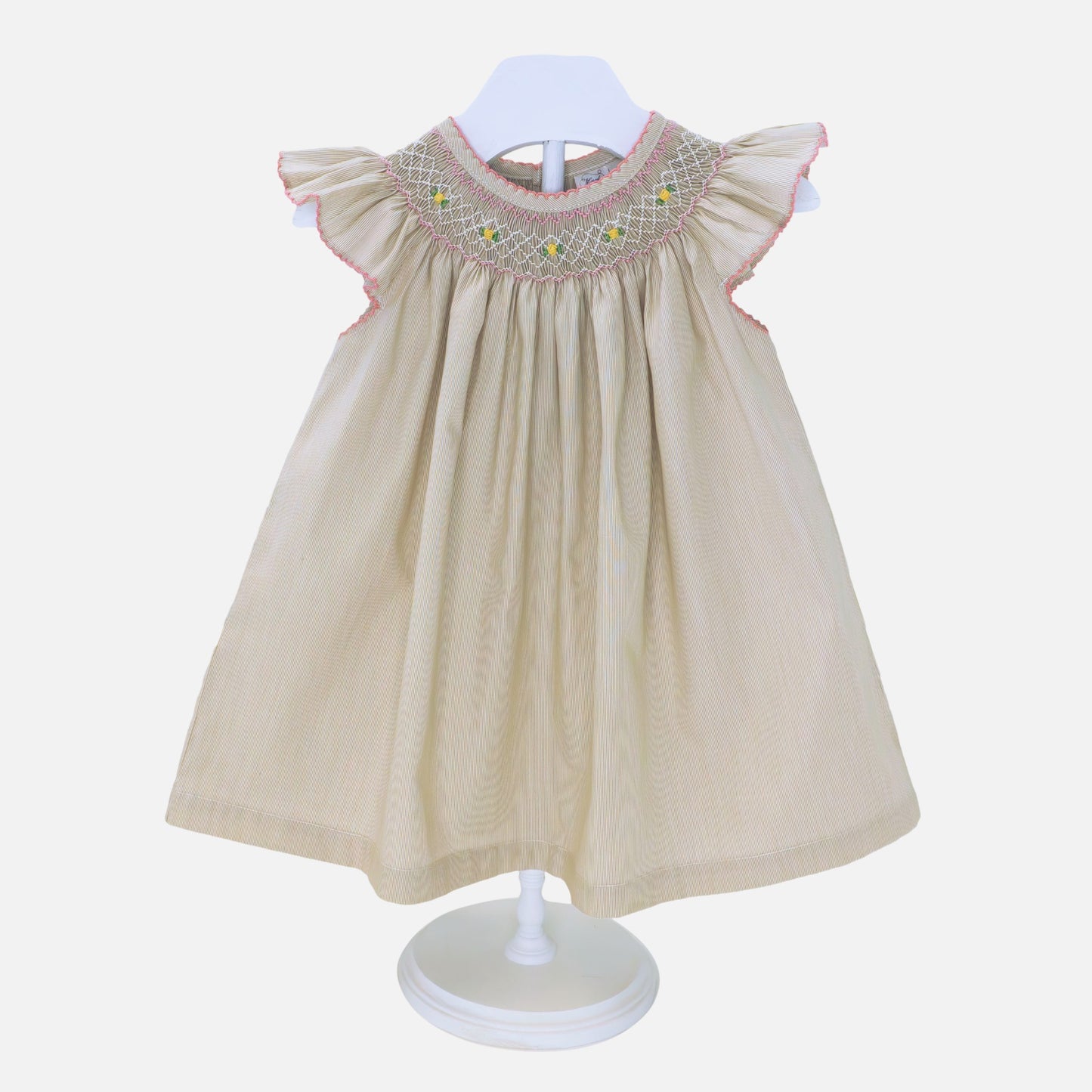 Beige Flutter Sleeve Smocked Dress