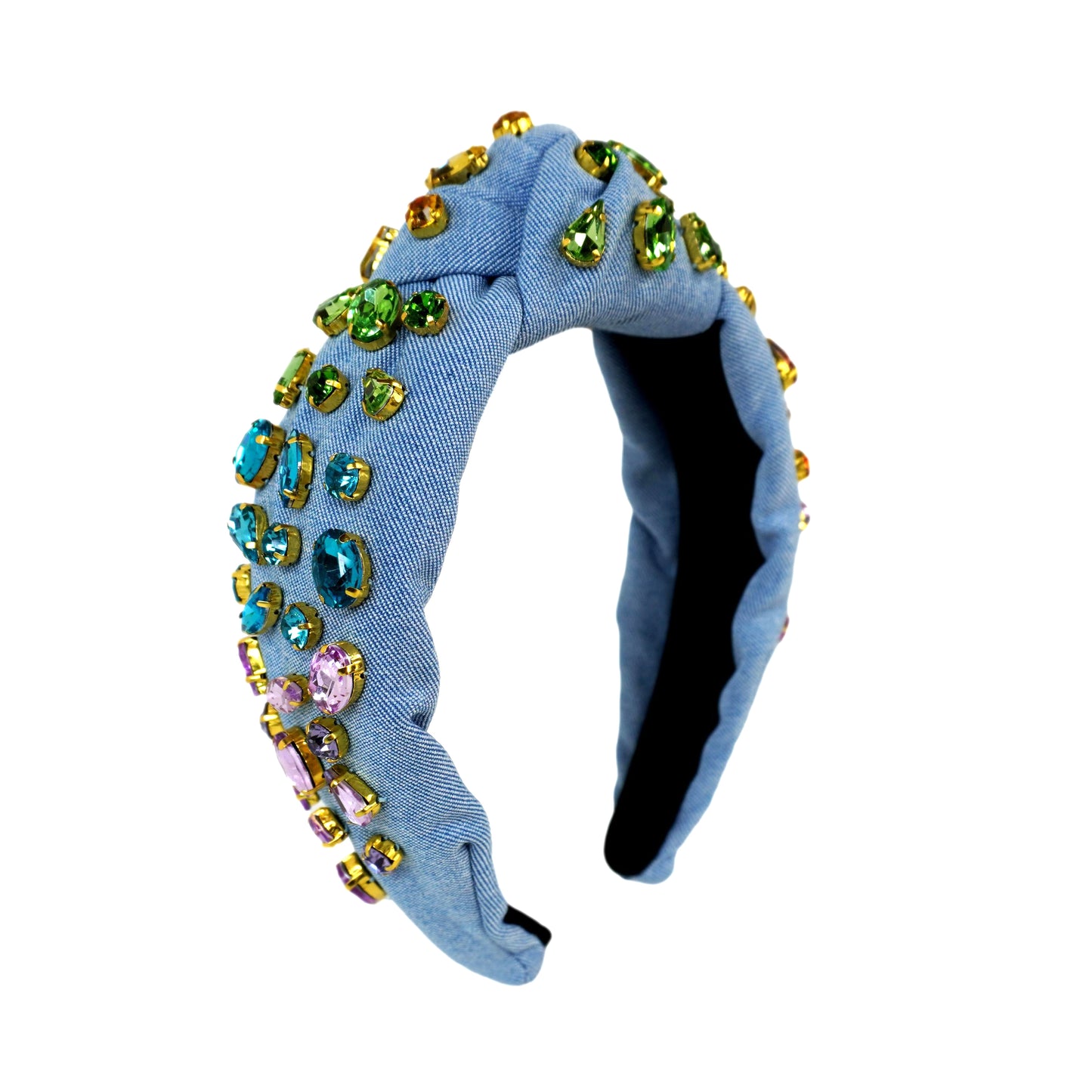 Adult Size Denim Headband with Rainbow Gradient Hand-Sewn Crystals