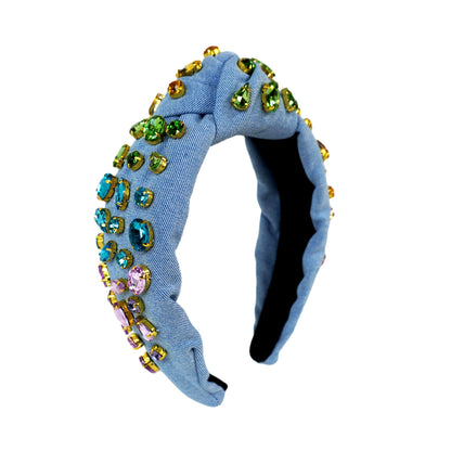 Adult Size Denim Headband with Rainbow Gradient Hand-Sewn Crystals