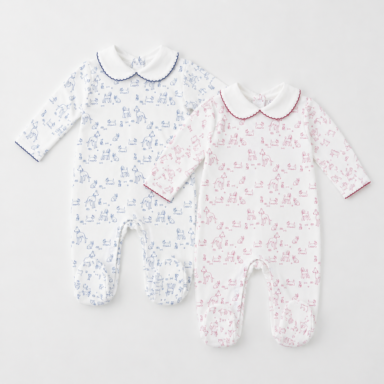 Dogs Print Pima Cotton Baby Footie with Scalloped Collar