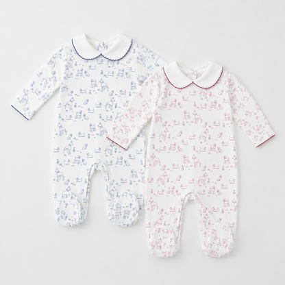 Dogs Print Pima Cotton Baby Footie with Scalloped Collar