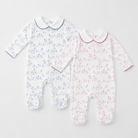 Dogs Print Pima Cotton Baby Footie with Scalloped Collar