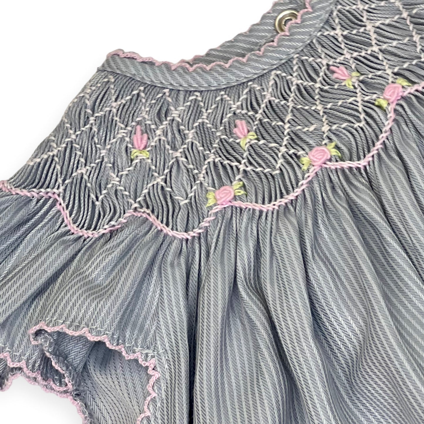 Gray Smocked Baby Girl Dress – Flutter Sleeve, Hand-Smocked Cotton