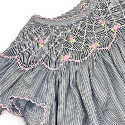 Gray Smocked Baby Girl Dress – Flutter Sleeve, Hand-Smocked Cotton
