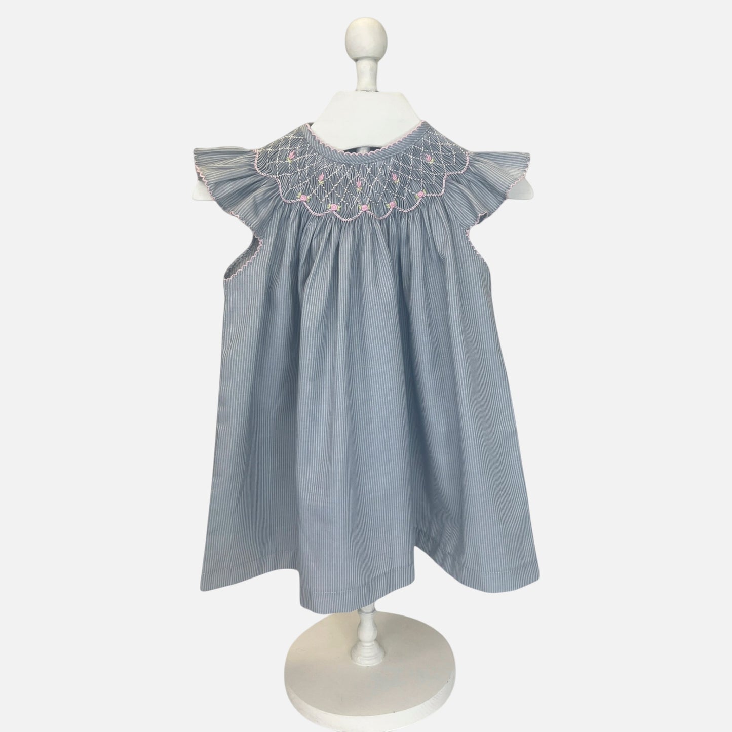 Gray Smocked Baby Girl Dress – Flutter Sleeve, Hand-Smocked Cotton