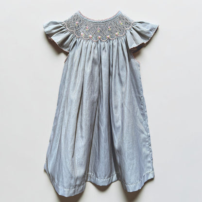 Gray Smocked Baby Girl Dress – Flutter Sleeve, Hand-Smocked Cotton