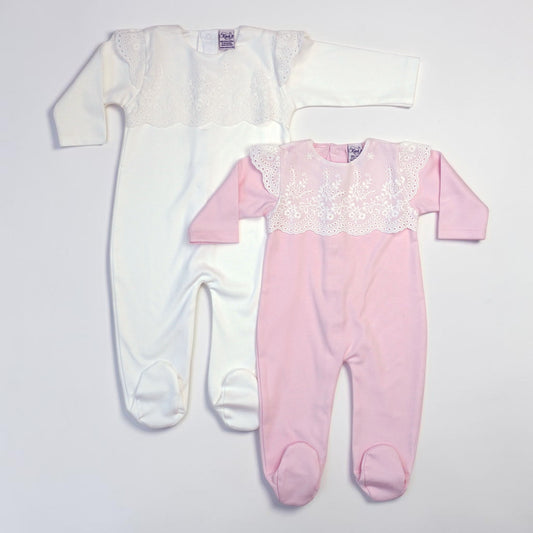 Pima Cotton Footed Outfit with White Batiste Lace Collar