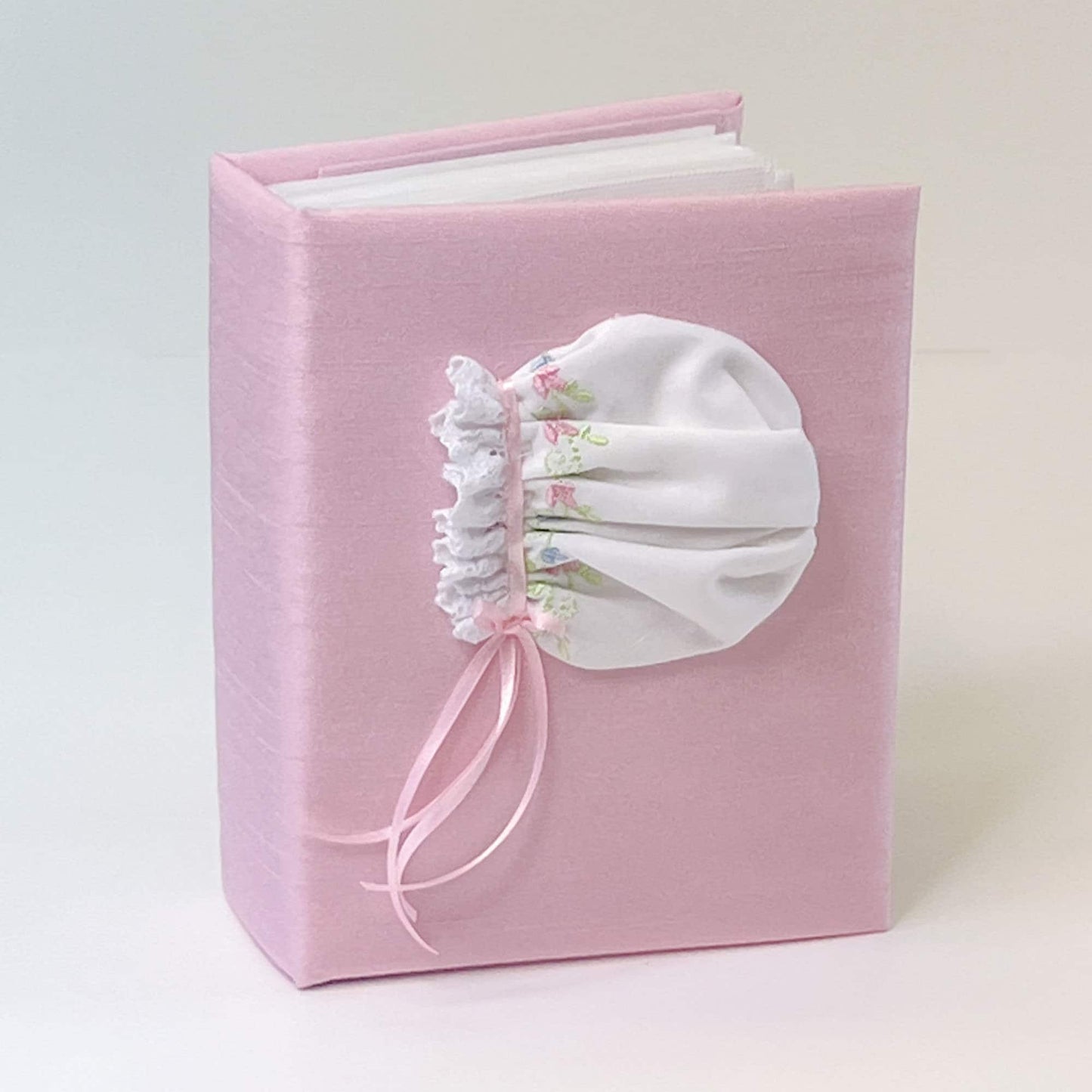 Swiss Batiste Girl Bonnet with Flowers – Small Hardbound Photo Album (Shantung)