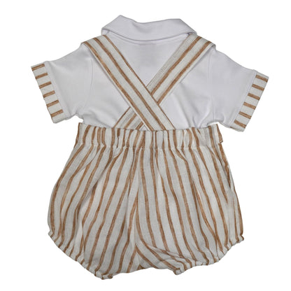 Boy Striped Linen Romper Shorts with Polo