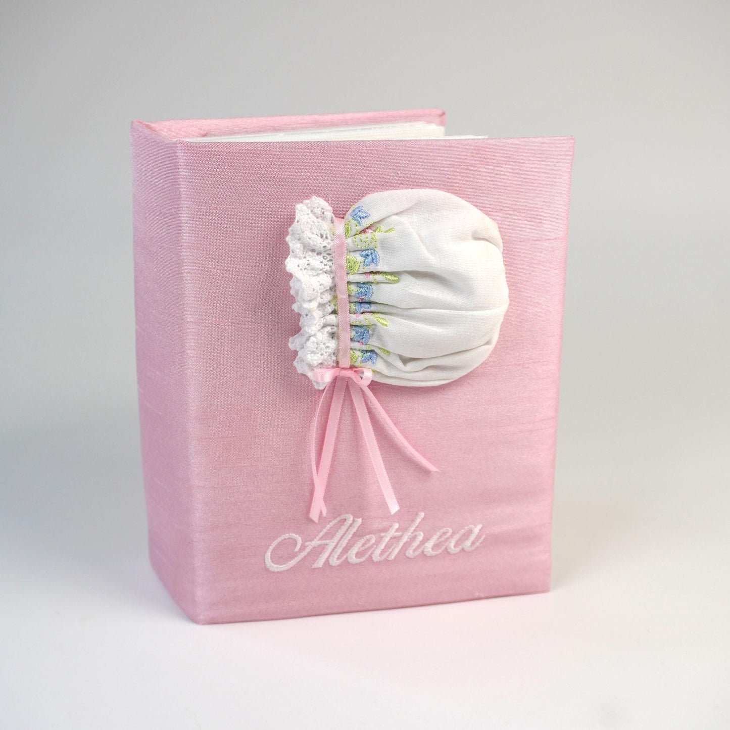 Swiss Batiste Girl Bonnet with Flowers – Small Hardbound Photo Album (Shantung)