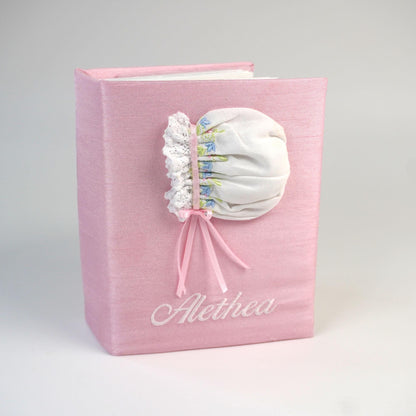 Swiss Batiste Girl Bonnet with Flowers – Small Hardbound Photo Album (Shantung)