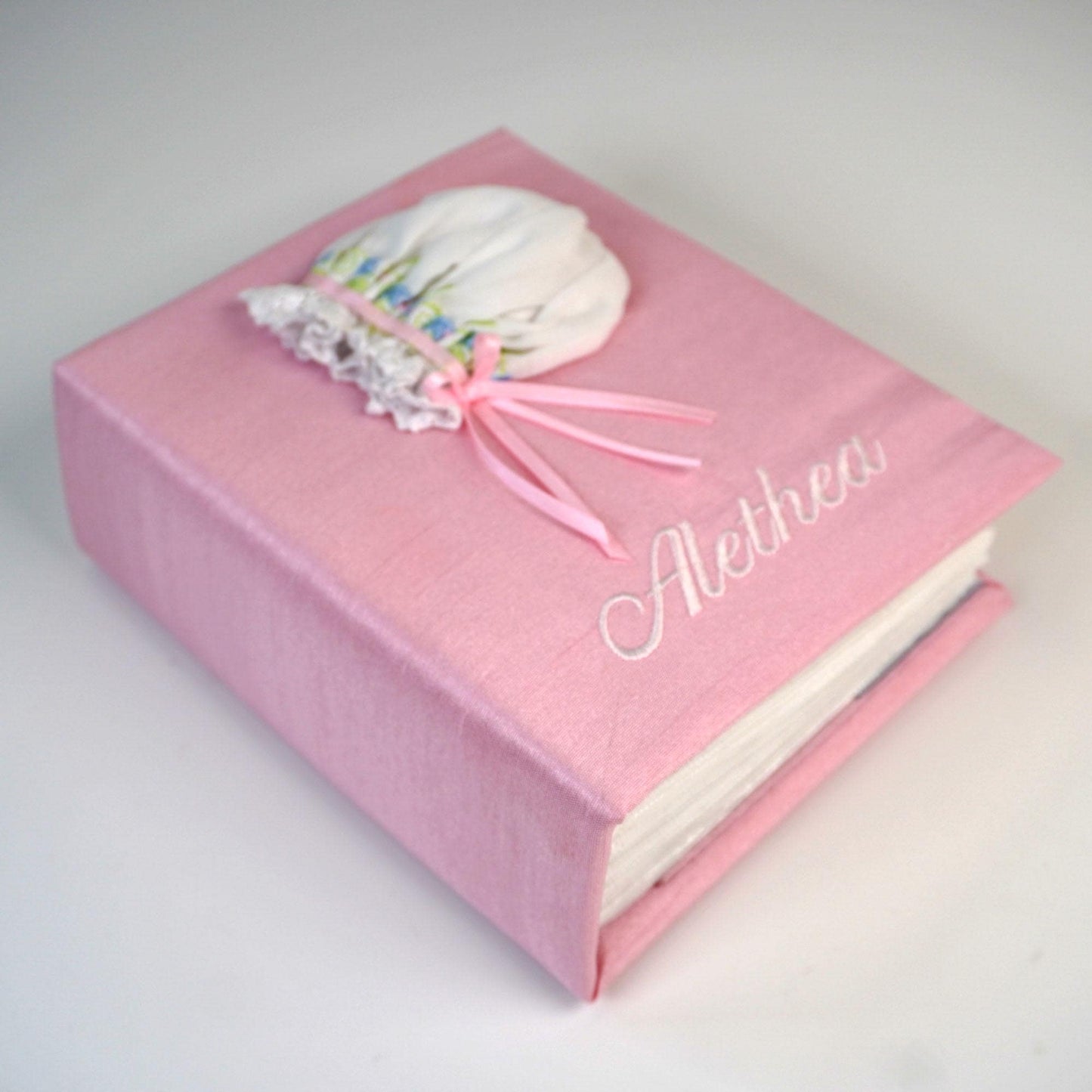 Swiss Batiste Girl Bonnet with Flowers – Small Hardbound Photo Album (Shantung)
