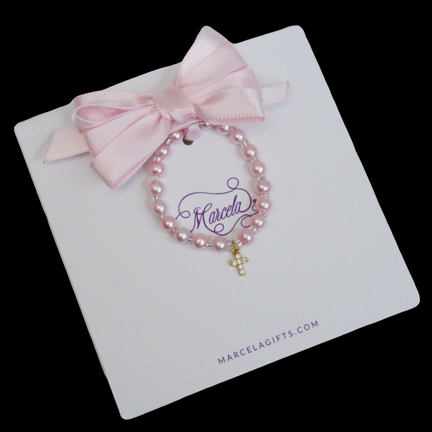 Pink Satin Bow & Pearl Bracelet Set with Jeweled Cross / Christening Bracelet