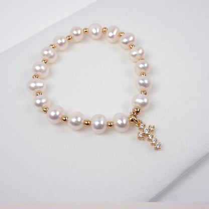 Freshwater Pearl Christening Bracelet: Jeweled Cross, Baby Baptism Gift