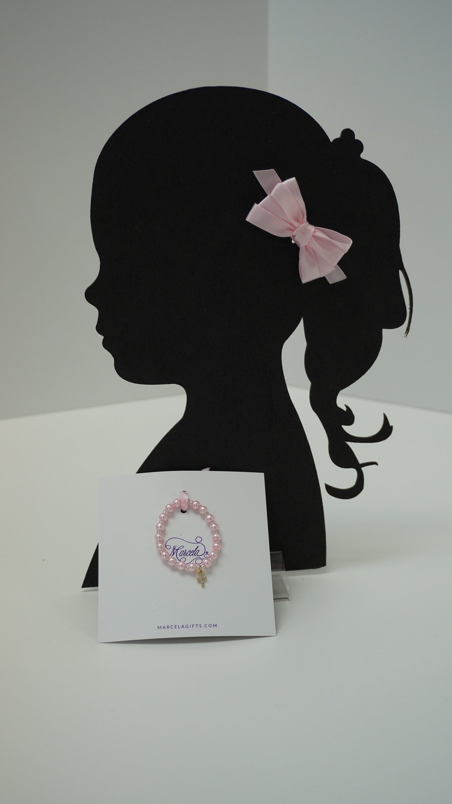Pink Satin Bow & Pearl Bracelet Set with Jeweled Cross / Christening Bracelet