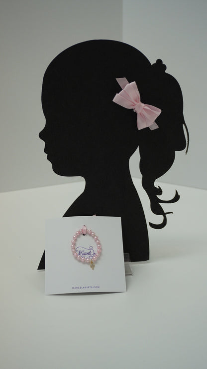 Pink Satin Bow & Pearl Bracelet Set with Jeweled Cross / Christening Bracelet