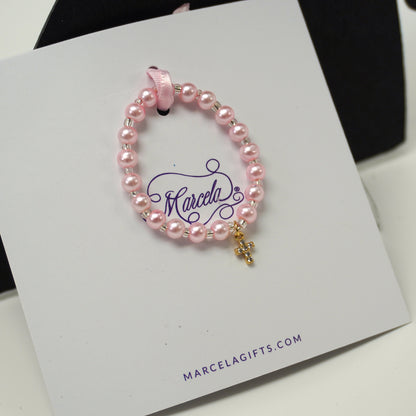 Pink Satin Bow & Pearl Bracelet Set with Jeweled Cross / Christening Bracelet