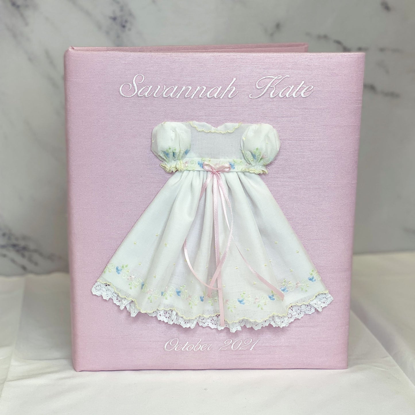 Swiss Batiste Dress with Flowers – Baby Memory Book (Shantung)