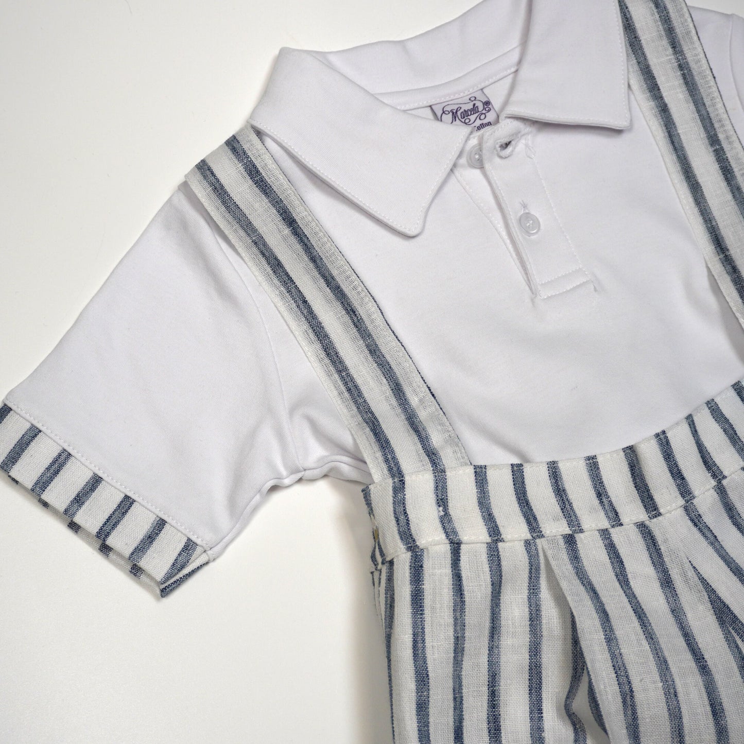 Boy Striped Linen Romper Shorts with Polo