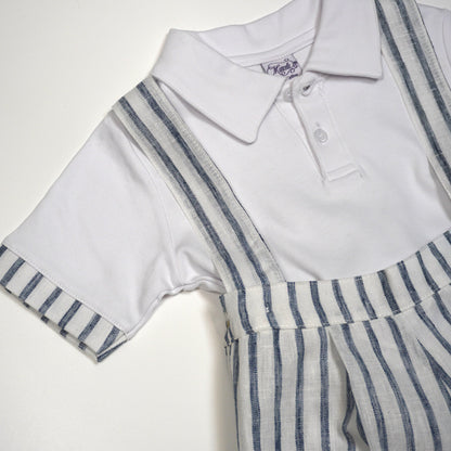 Boy Striped Linen Romper Shorts with Polo