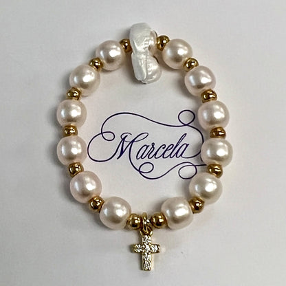 Peach Pearl Bracelet Jeweled Cross // Baptism bracelets, christening bracelets
